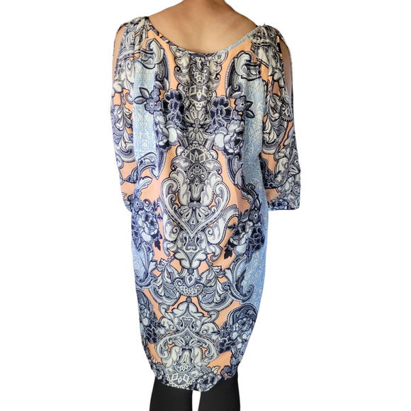 GIBSON LATIMER Boho Cold Shoulder Mumu Dress L Blue Festival Hanky Hem Tunic - Picture 5 of 10
